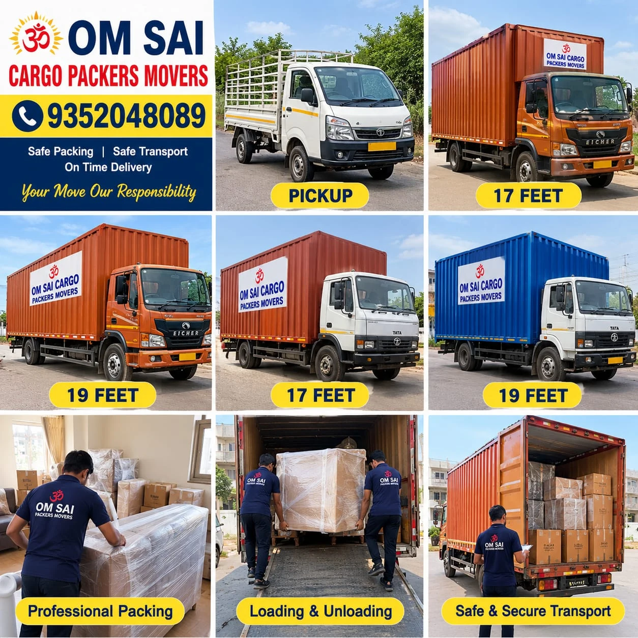 Om Sai Cargo vehicle and packing overview supplied by the company, including pickup, 17-feet and 19-feet vehicle illustrations and phone 9352048089